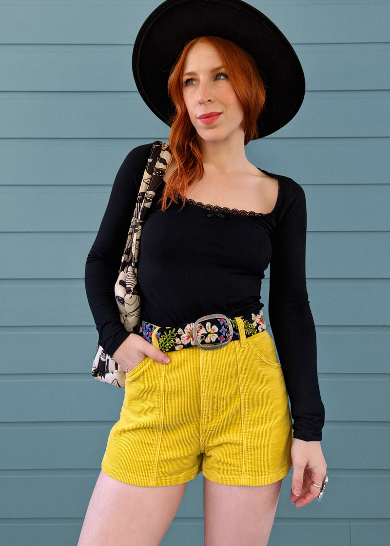 Gold Yellow Stretch Corduroy Dusters Shorts with high rise waist by Rolla's Jeans