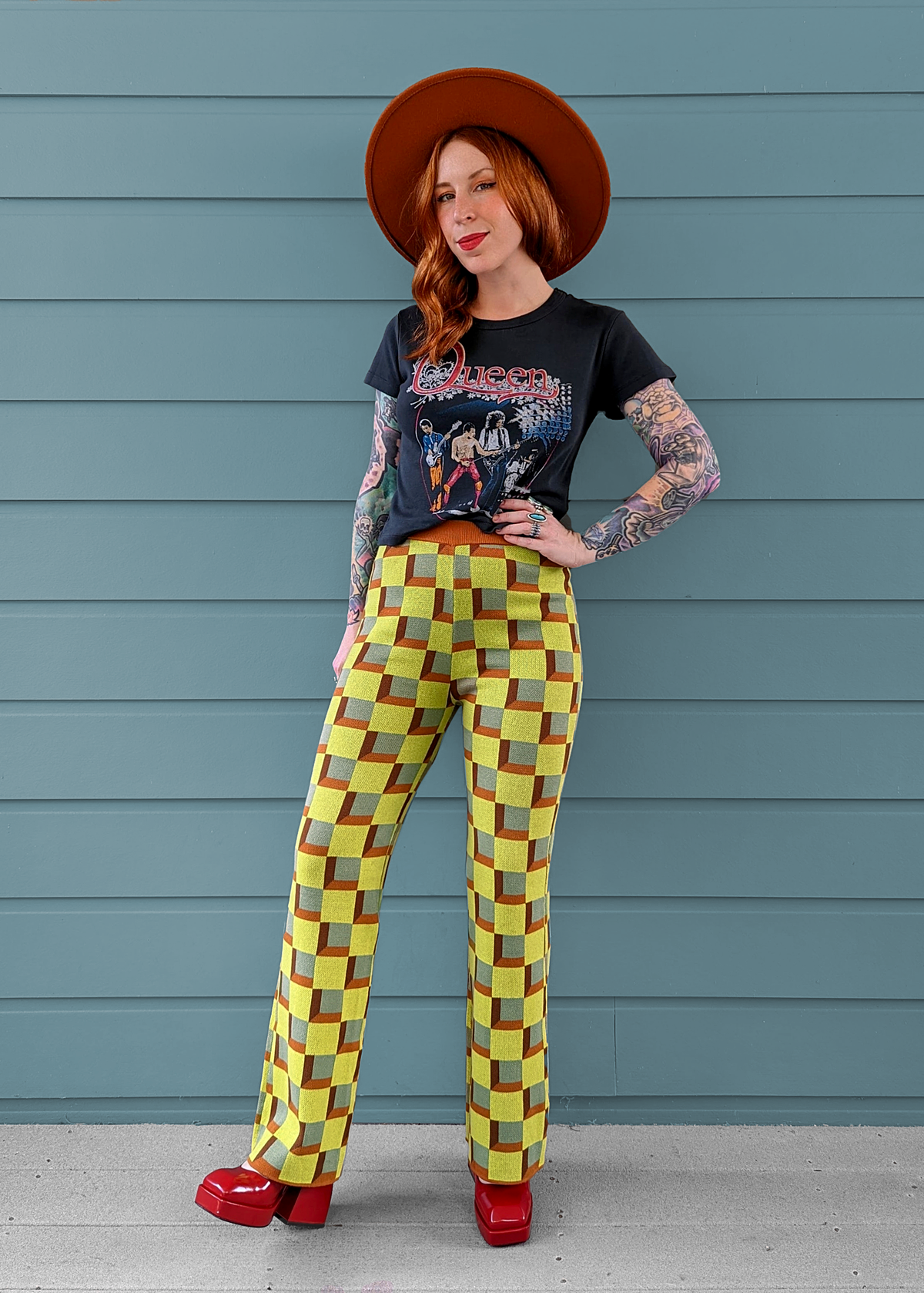 70s inspired Another Girl Organic Cotton Knit Check Crop Pants in lime, rust, and sage check plaid pattern 