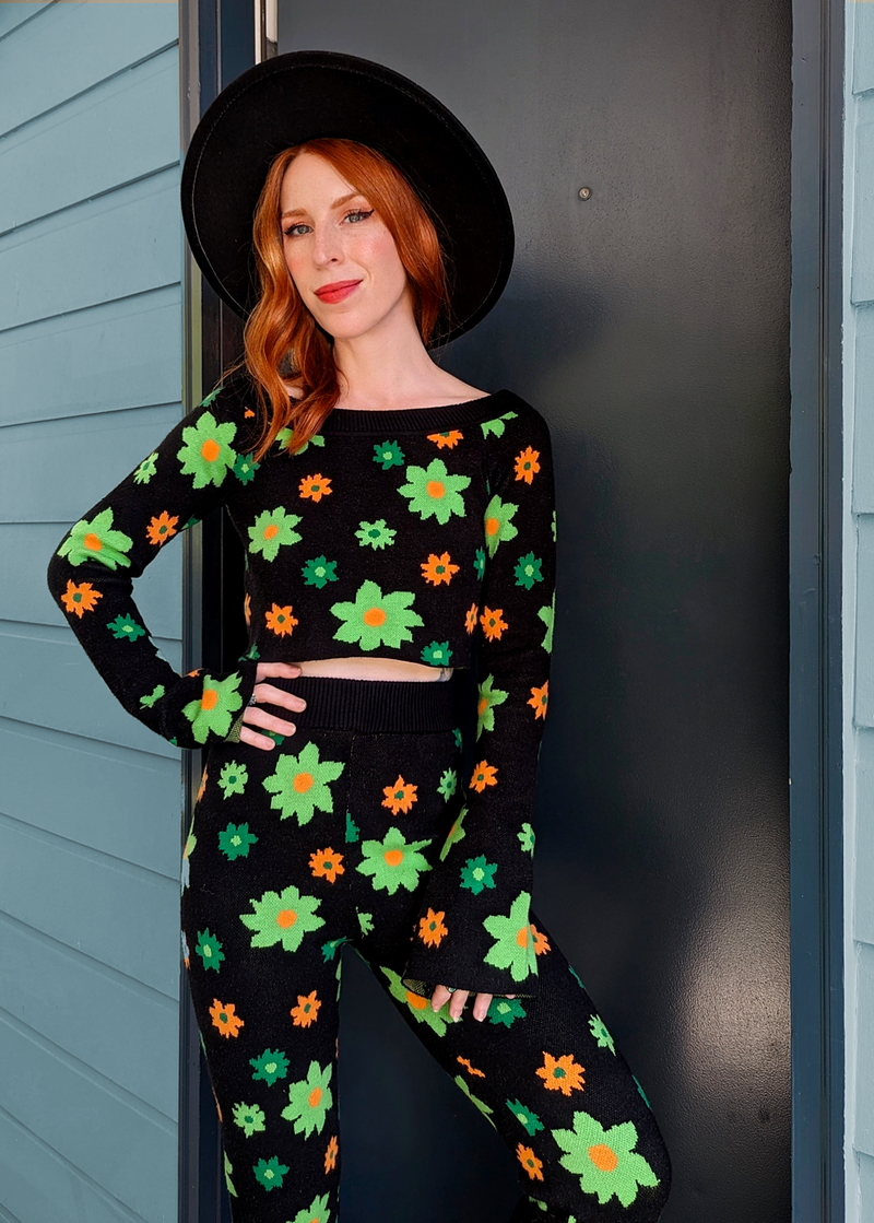 Midnight Garden Bell Sleeve Knit Crop Top