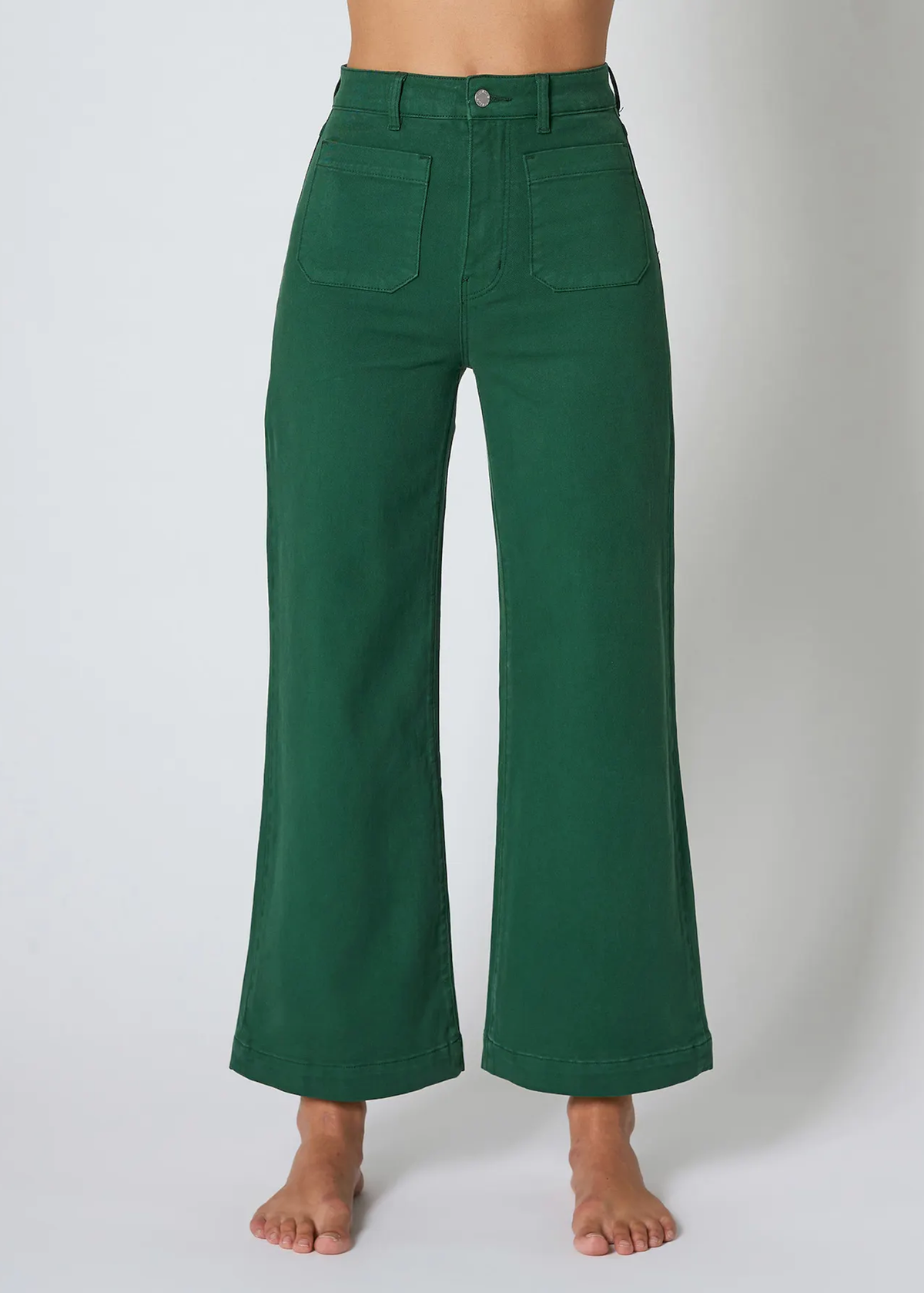 70s inspired high rise waist stretch cotton basil green sailor wide leg crop pant jean by Rolla's Jeans