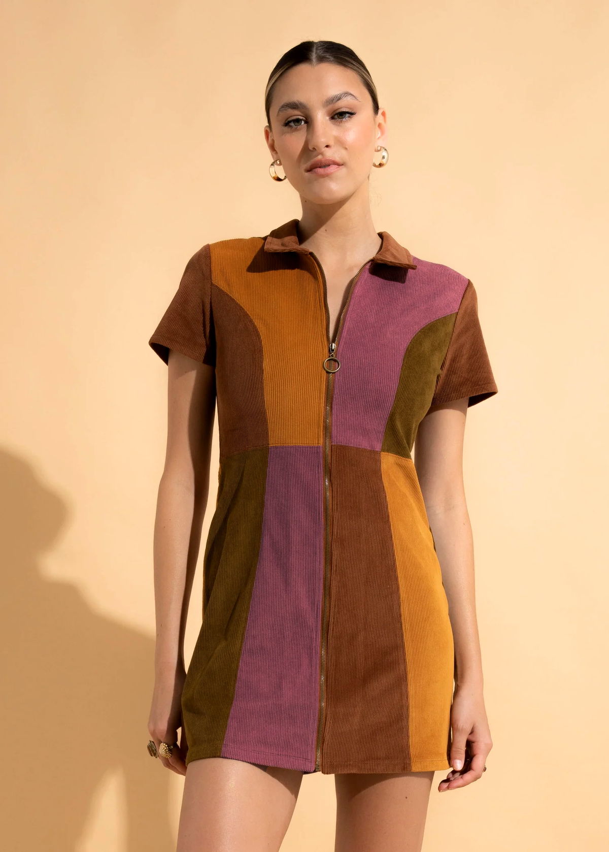 70s inspired Bambi Dawn Patchwork corduroy mini dress with zip front and collar, with mustard, mauve, brown and olive, by Nine Lives Bazaar