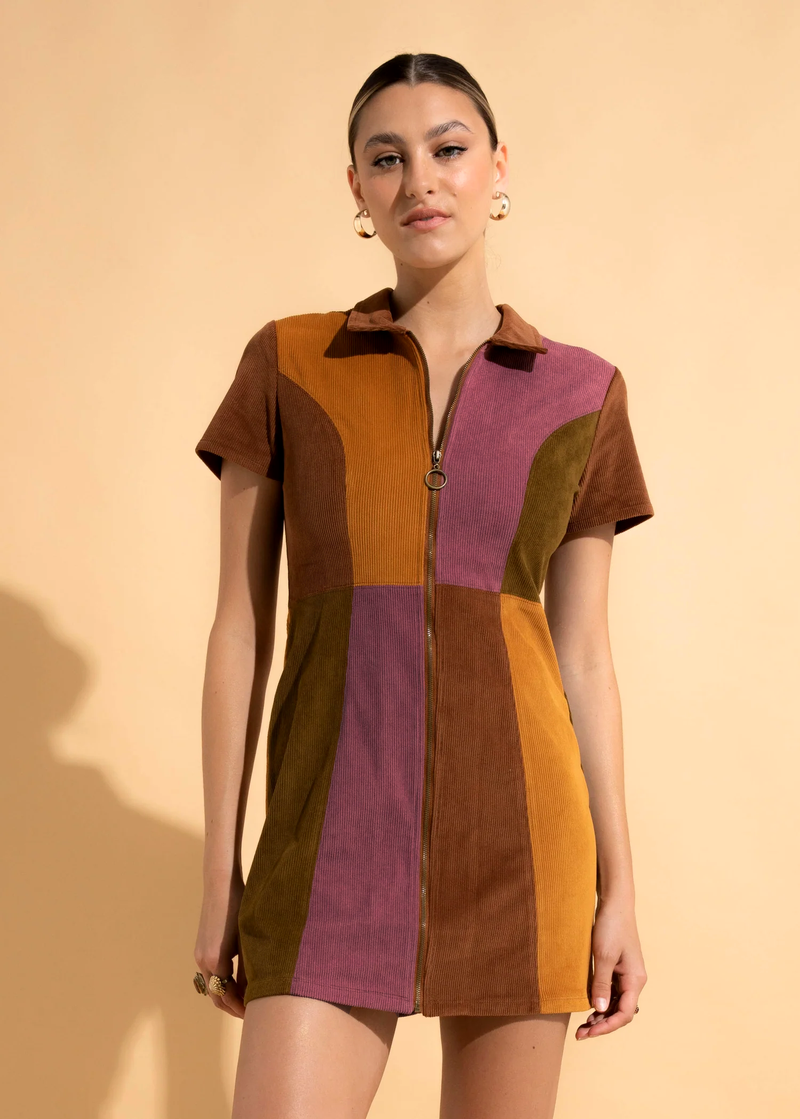 Dawn Patchwork Corduroy Bambi Mini Dress