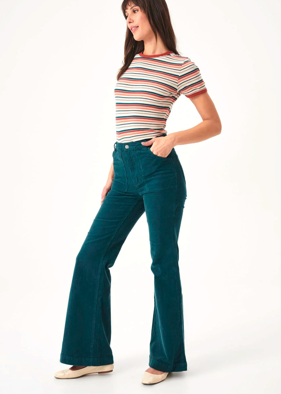 70s inspired Forest Green Teal Blue Corduroy Eastcoast Flares with high rise waist by Rolla's Jeans