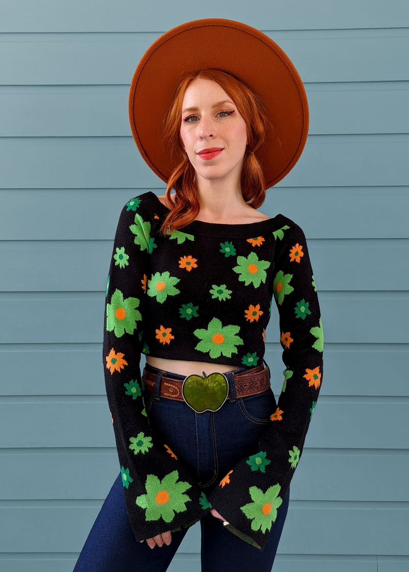 Midnight Garden Bell Sleeve Knit Crop Top