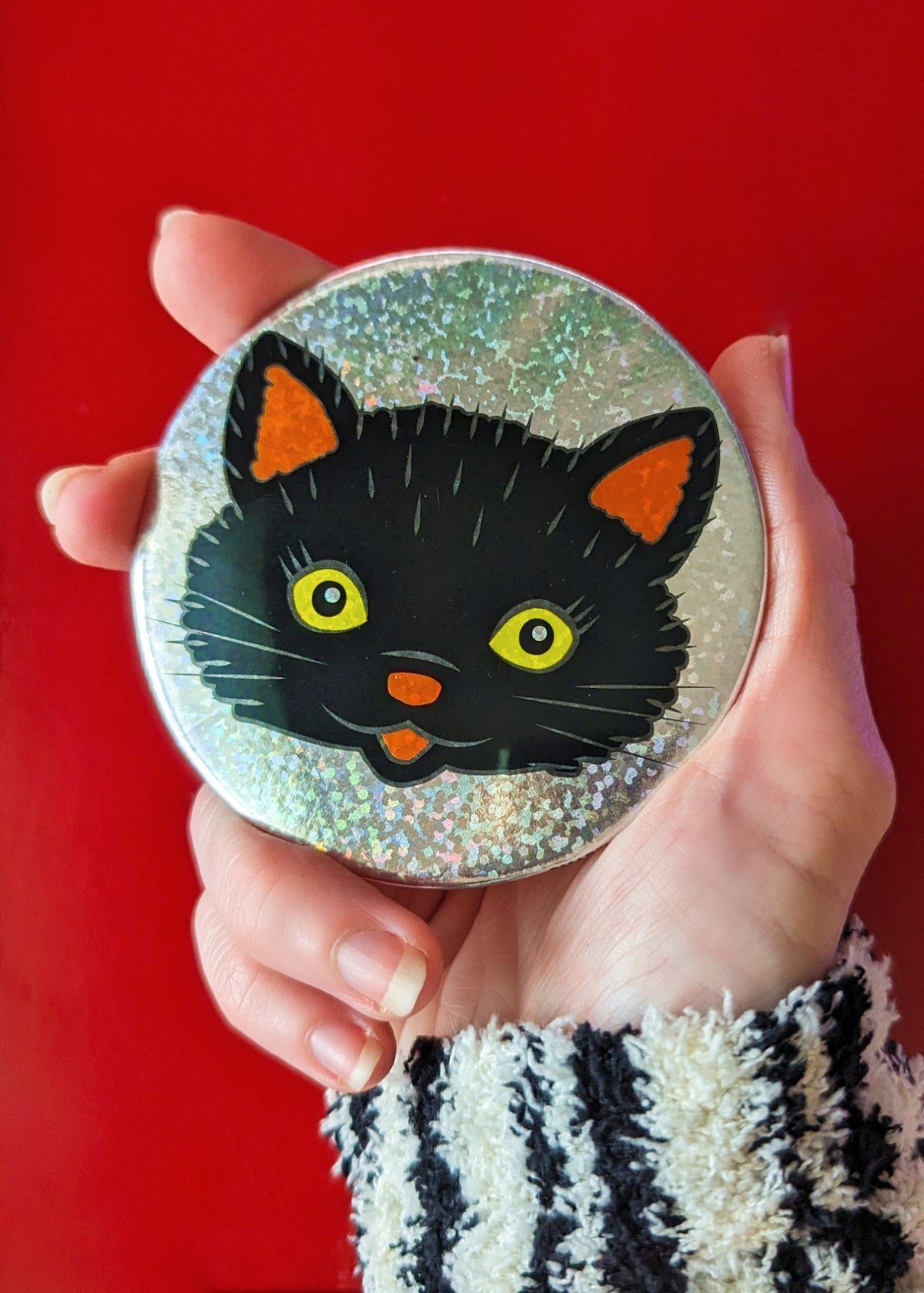 Black Cat Silver Glitter Mini Pocket Mirror