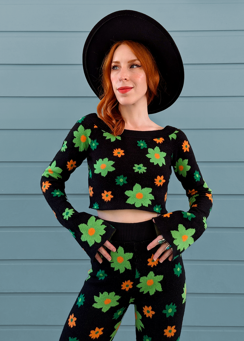 Midnight Garden Bell Sleeve Knit Crop Top