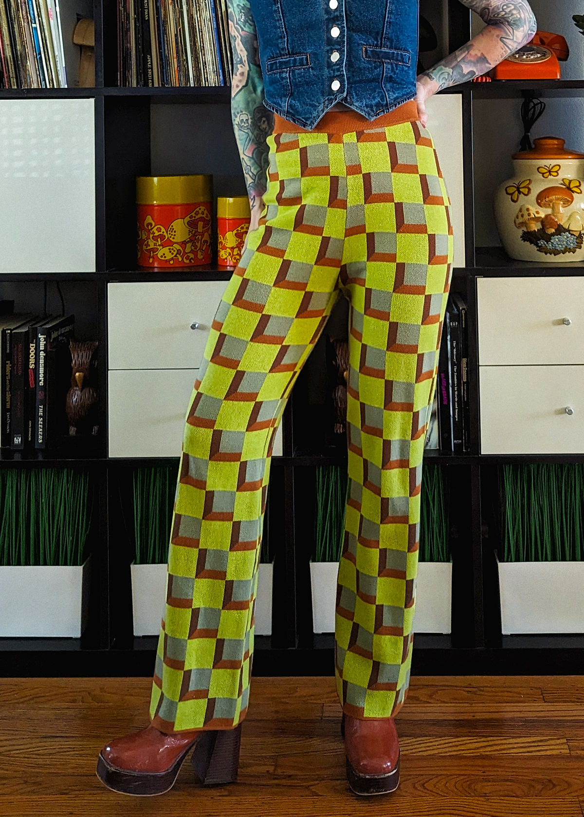 70s inspired Another Girl Organic Cotton Knit Check Crop Pants in lime, rust, and sage check plaid pattern 