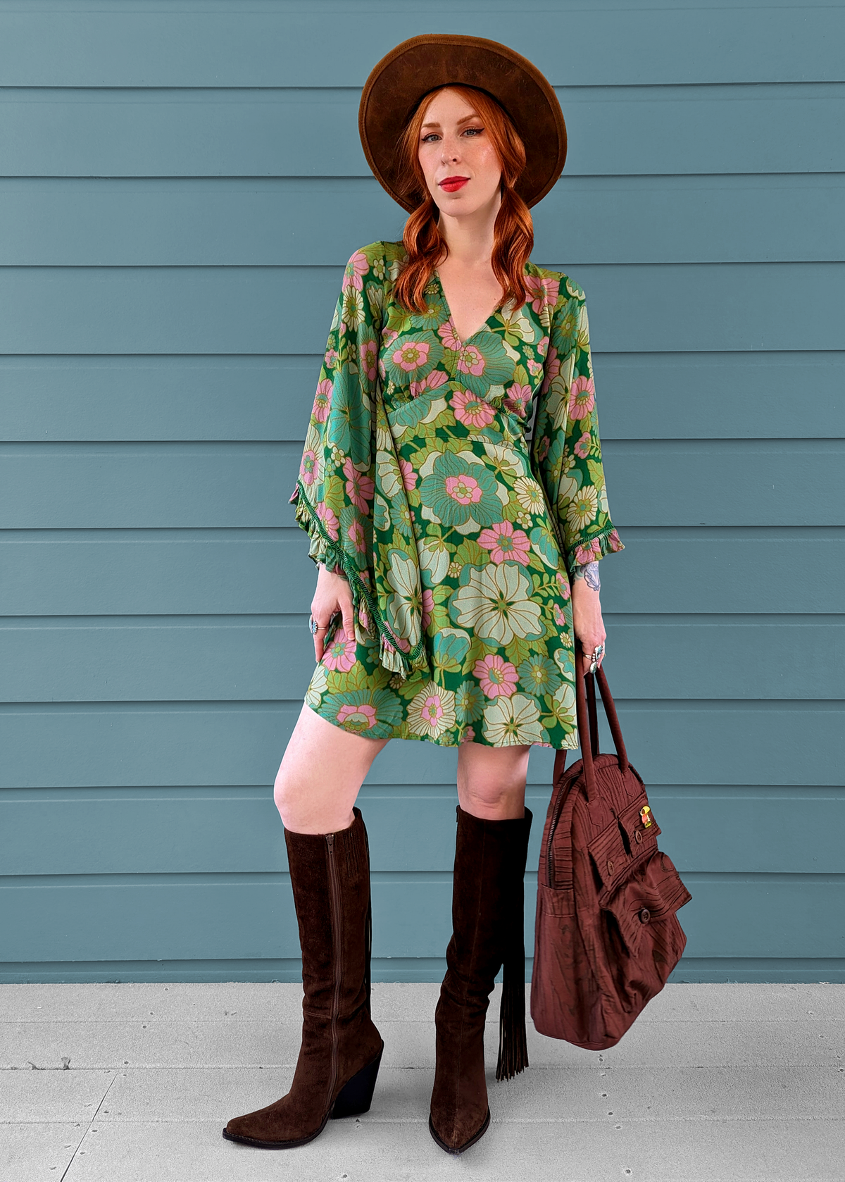 60s 70s inspired Angel Bell Sleeve Vixen Mini Dress in Arcadia green and pink floral by Nine Lives Bazaar