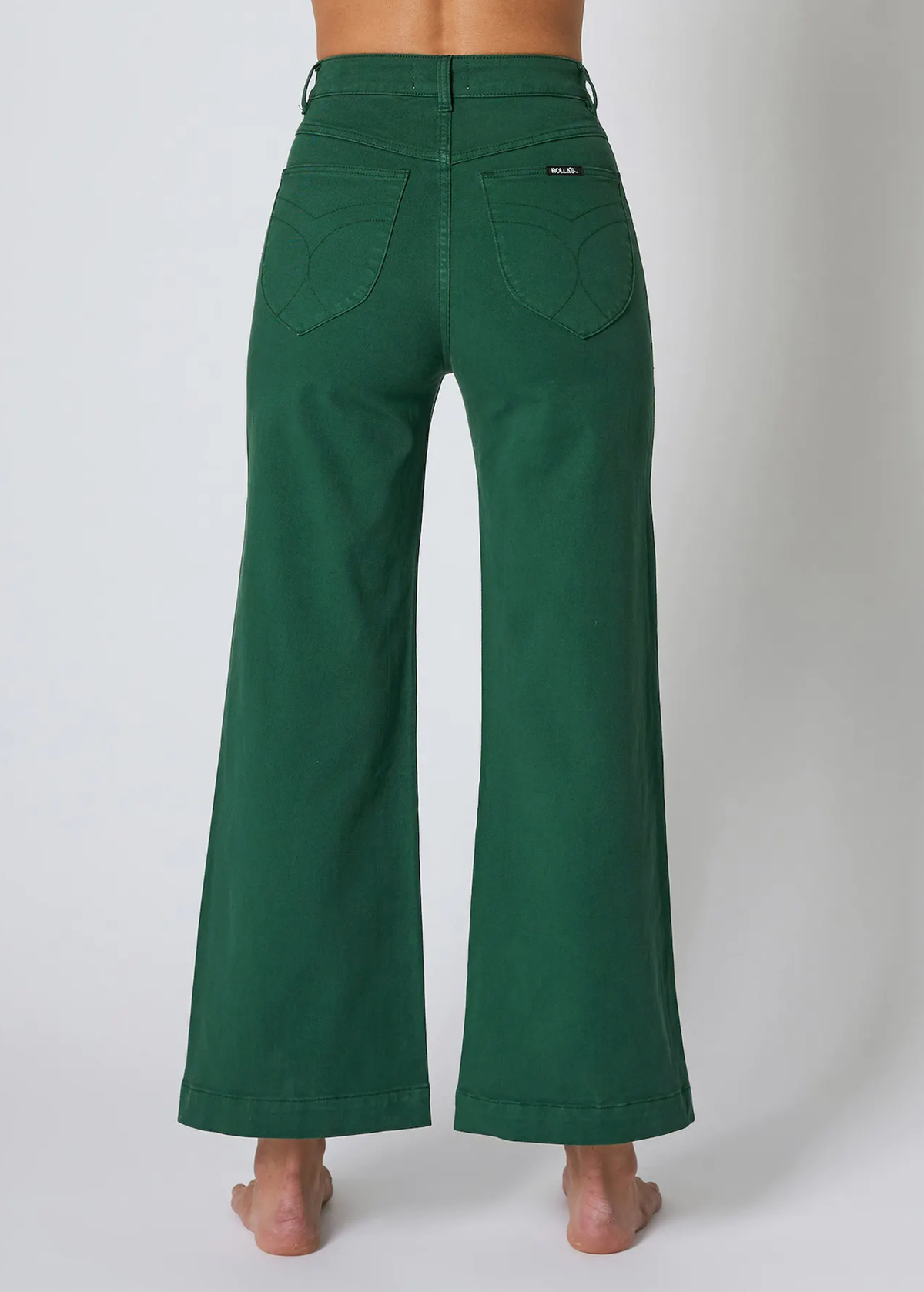 70s inspired high rise waist stretch cotton basil green sailor wide leg crop pant jean by Rolla's Jeans