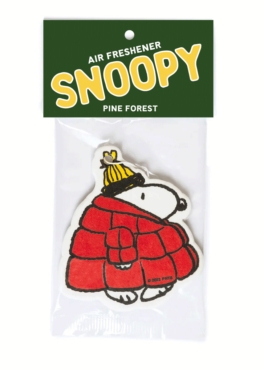 Snoopy air freshener with a green label on a white background