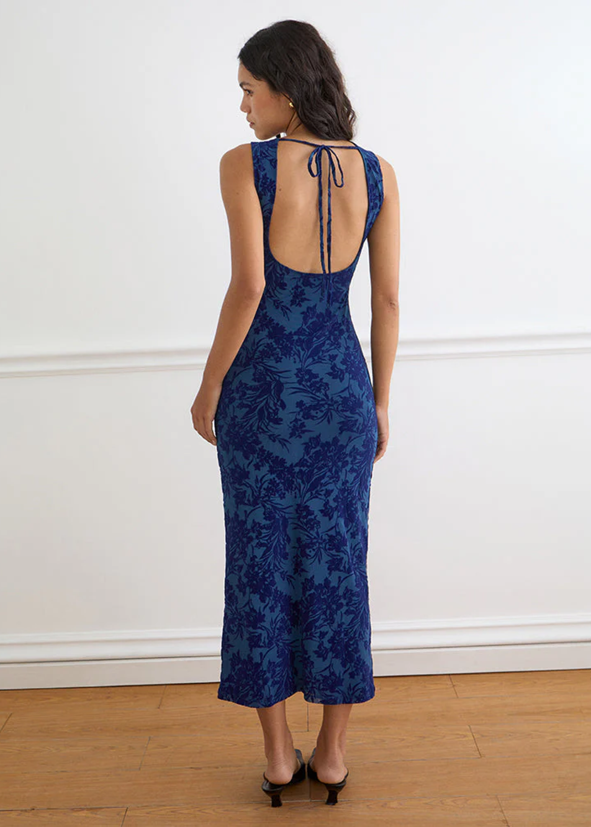 Ventura 90s inspired Midnight Navy Blue Mesh and Leaf Flocked Velvet Midi Maxi Dress by Motel Rocks Black Salt Ventura 90s inspired Midnight Navy Blue Mesh and Leaf Flocked Velvet Midi Maxi Dress by Motel Rocks Black Salt