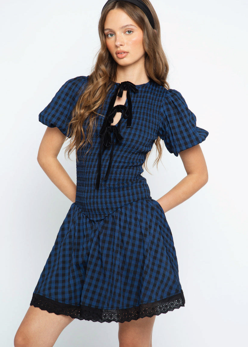 Blue and Black Checked Shirred Bodice Mini Dress with Velvet Ties by Daisy Street Black Salt Blue and Black Checked Shirred Bodice Mini Dress with Velvet Ties by Daisy Street Black Salt