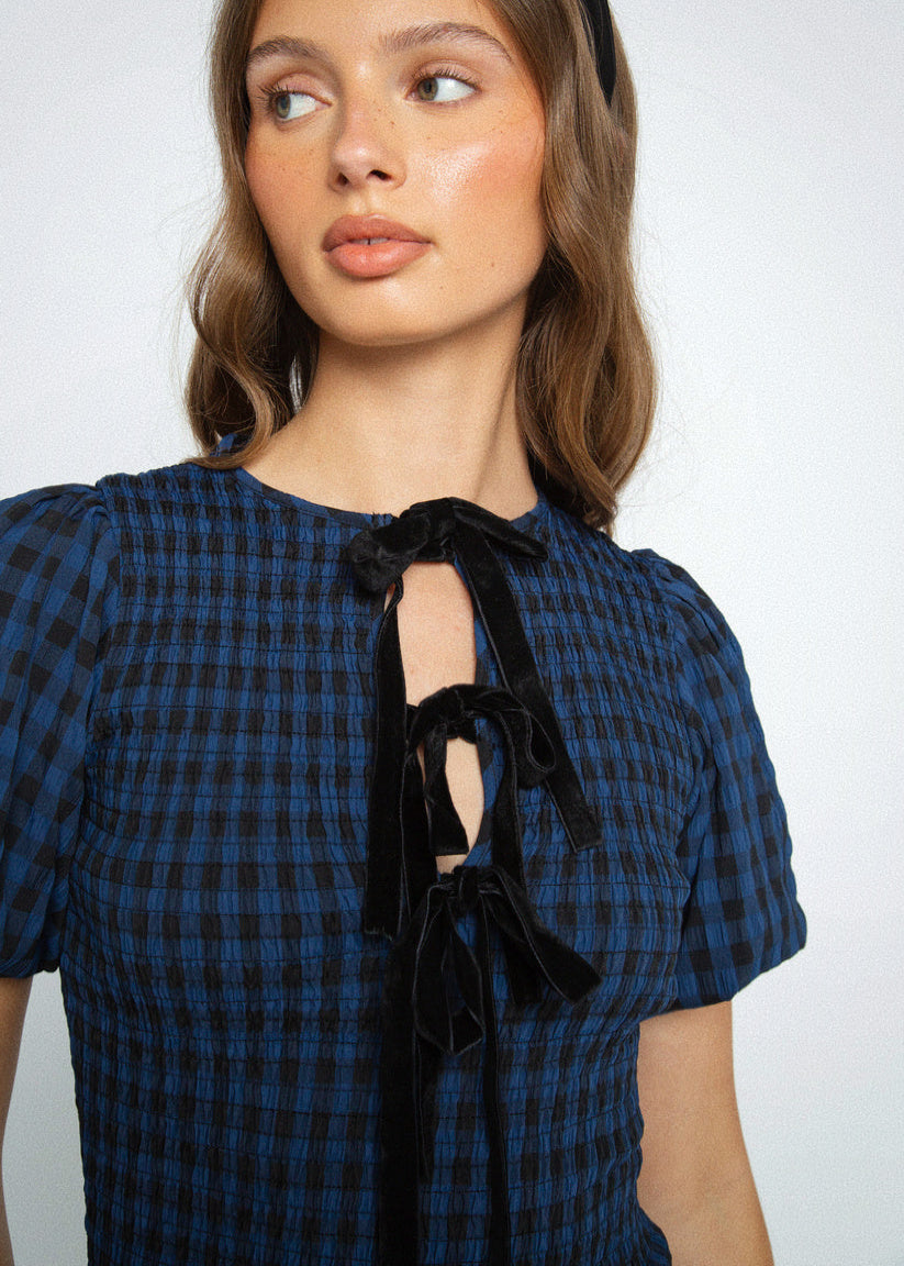 Blue and Black Checked Shirred Bodice Mini Dress with Velvet Ties by Daisy Street Black Salt Blue and Black Checked Shirred Bodice Mini Dress with Velvet Ties by Daisy Street Black Salt