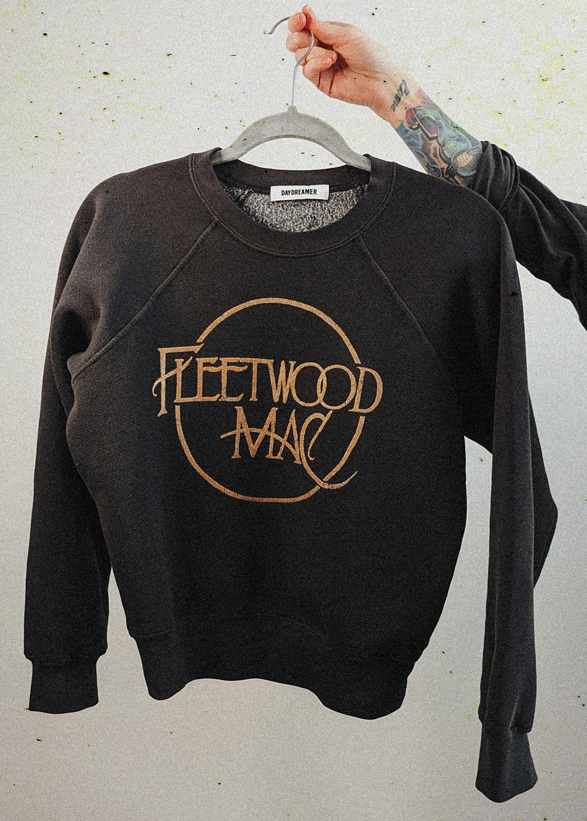 Washed Black Fleetwood Mac raglan crew neck sweatshirt with gold graphics at front, by Daydreamer LA, officially licensed and made in California