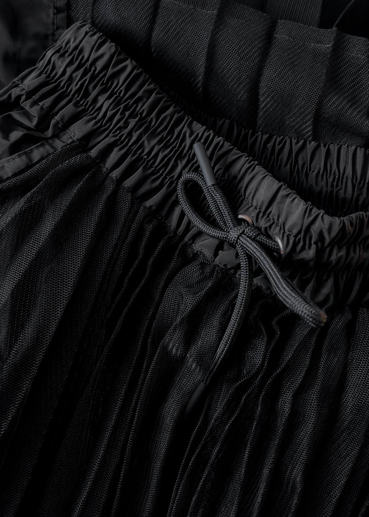 Close-up of a black textured fabric with a drawstring