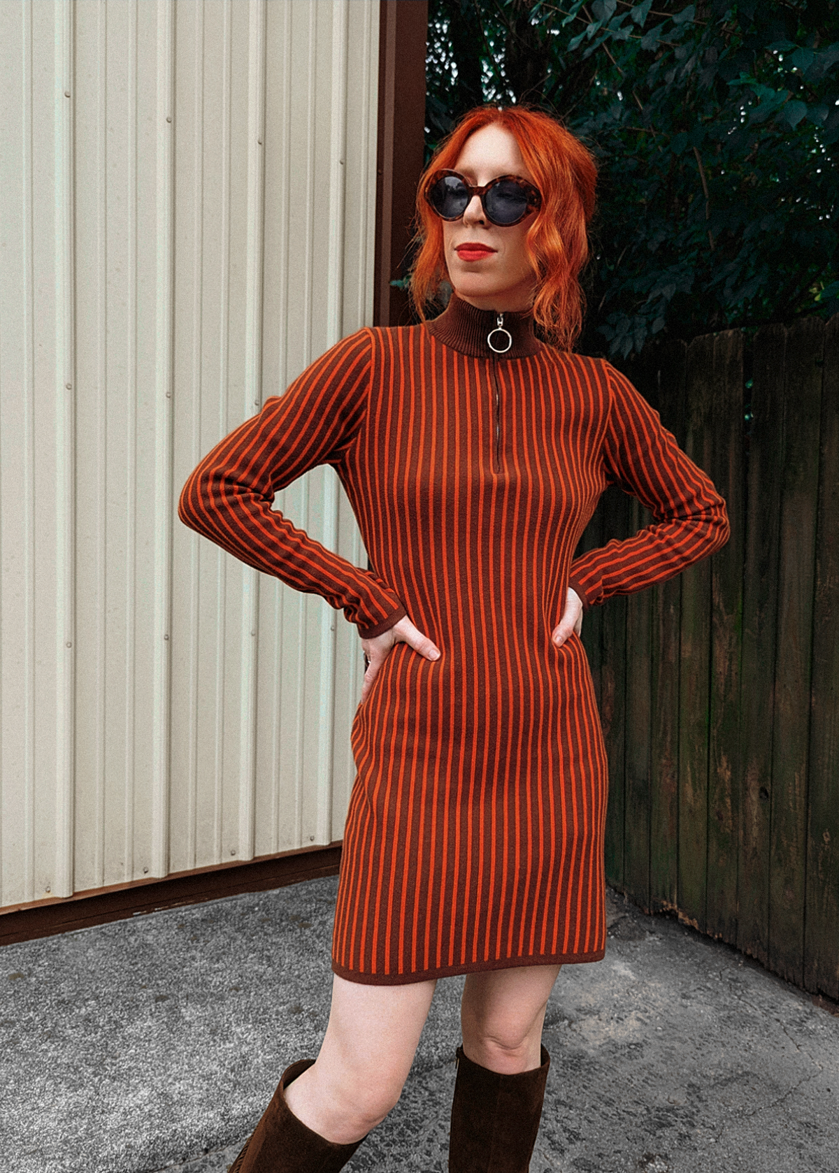 70s meets 90s with this Organic Cotton Knit Mock Neck Zip Front Mini Dress in Orange and Brown Stripe by Another Girl