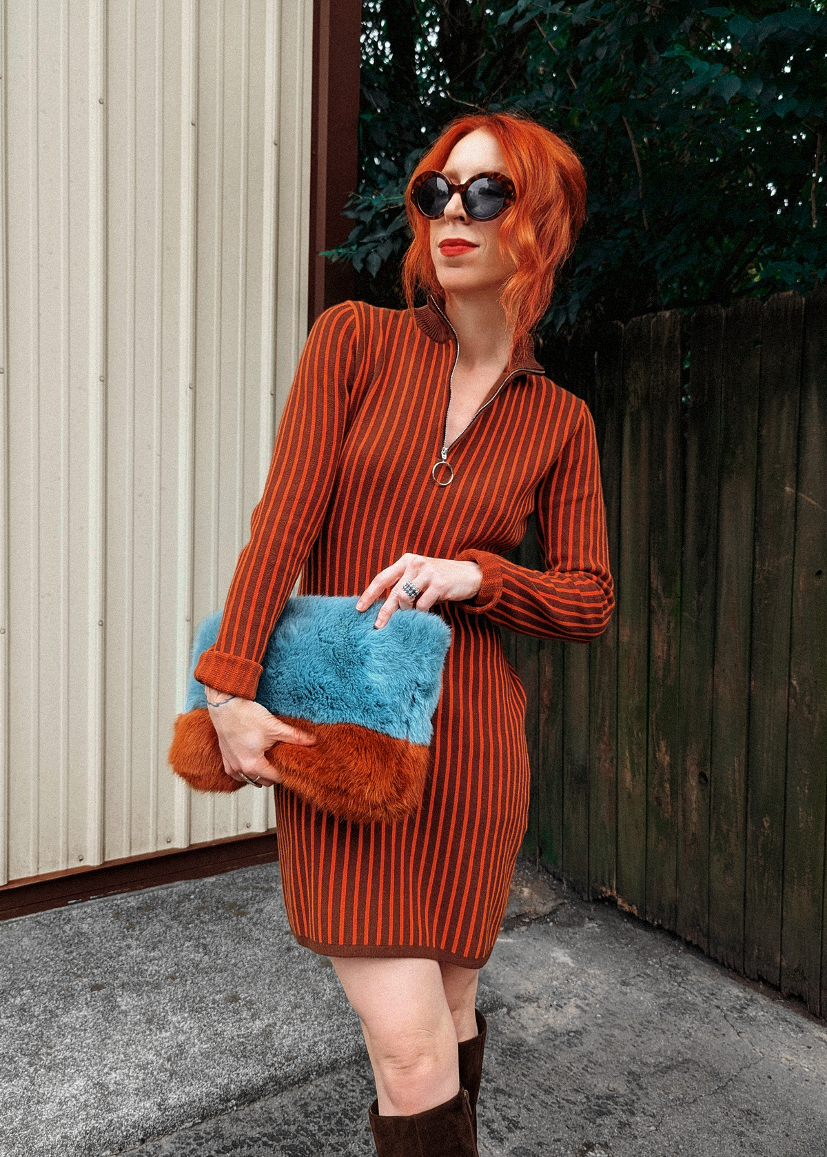 70s meets 90s with this Organic Cotton Knit Mock Neck Zip Front Mini Dress in Orange and Brown Stripe by Another Girl
