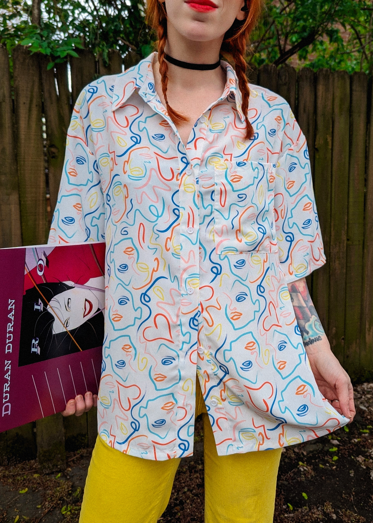 80s style abstract faces oversized collared button down shirt in multi-color print by Glamorous UK