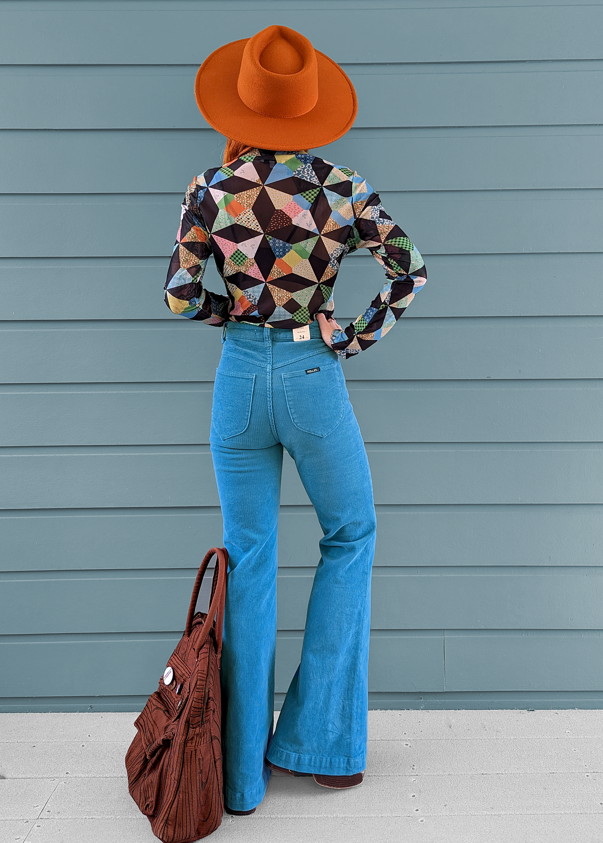 70s inspired cornflower light blue corduroy eastcoast flares with high rise waist and sailor patch front pockets, by Rolla's Jeans