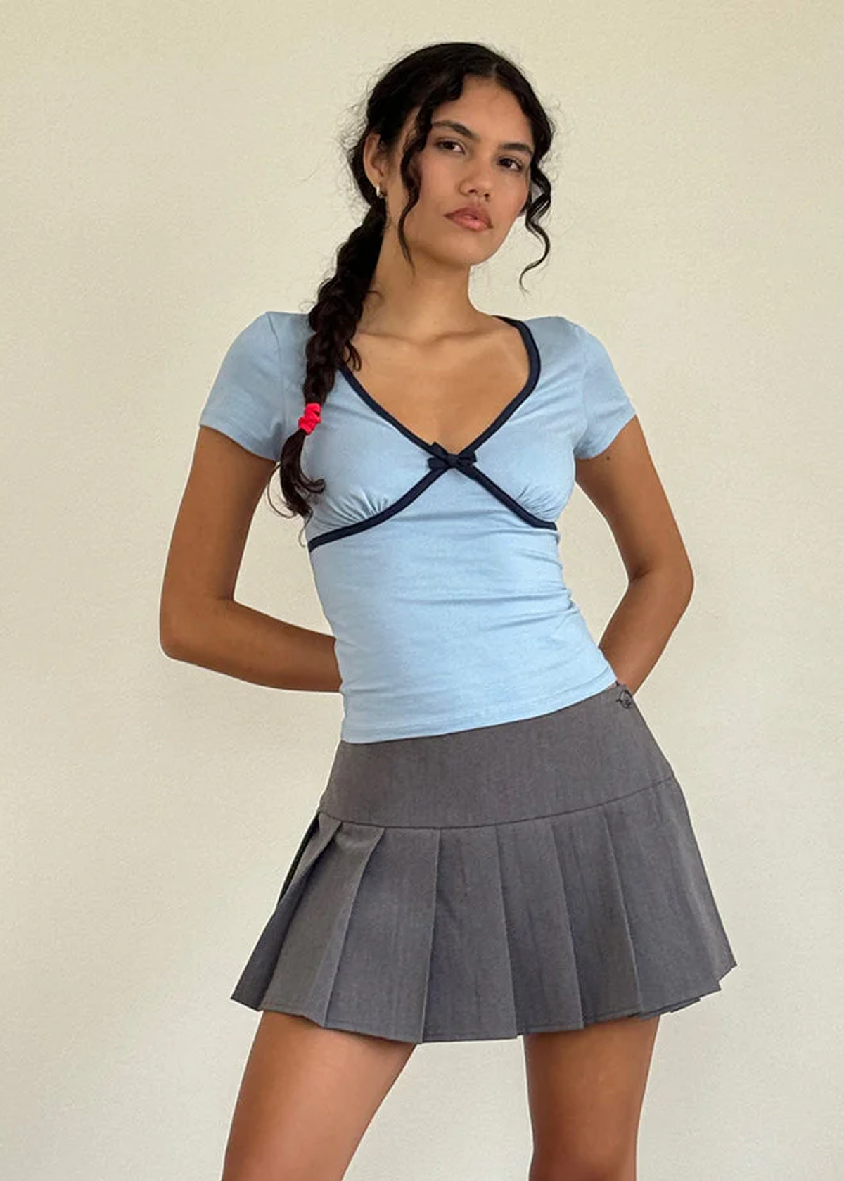 Baby Blue top with navy binding and bow by Motel Rocks