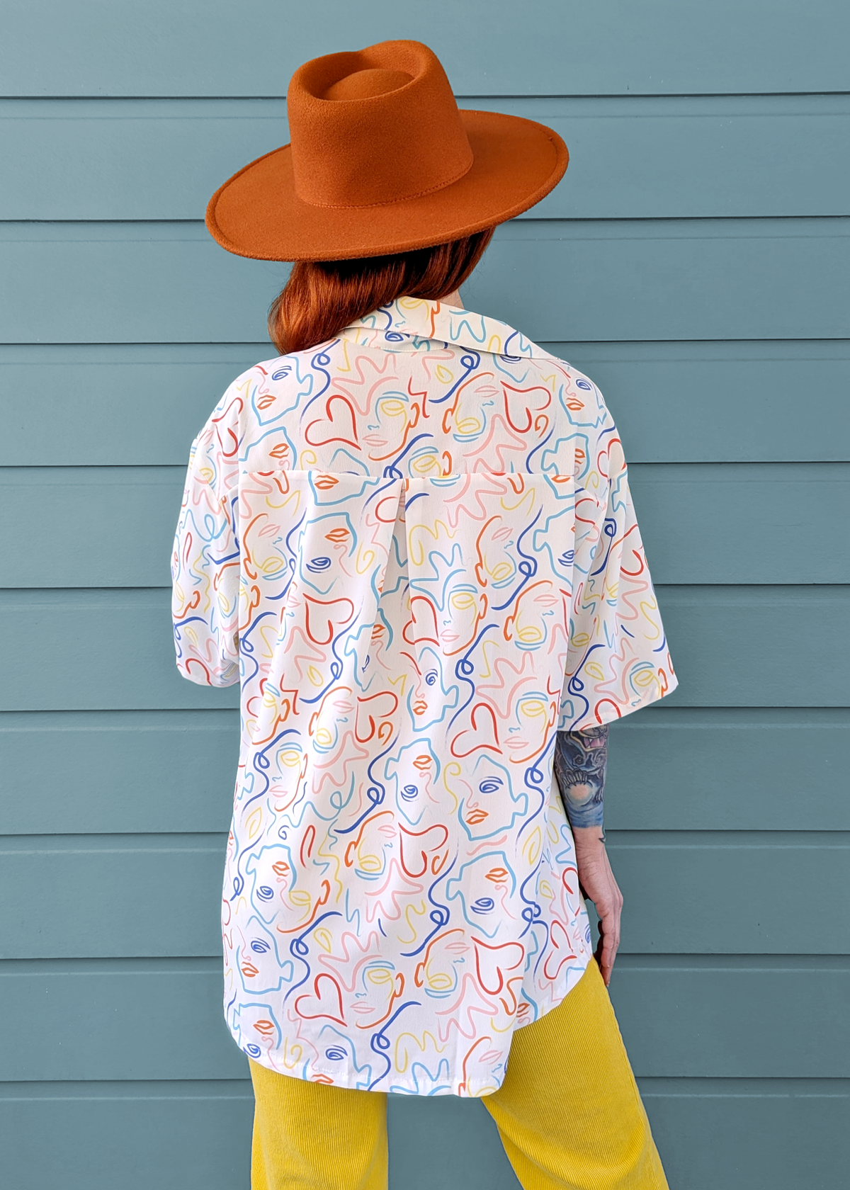 80s style oversized collared button up shirt with abstract rainbow face pattern by Glamorous UK