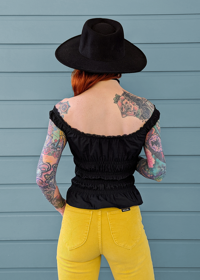 Motel Rocks 70s 90s inspired bardot off shoulder black cotton smocked prairie peasant top