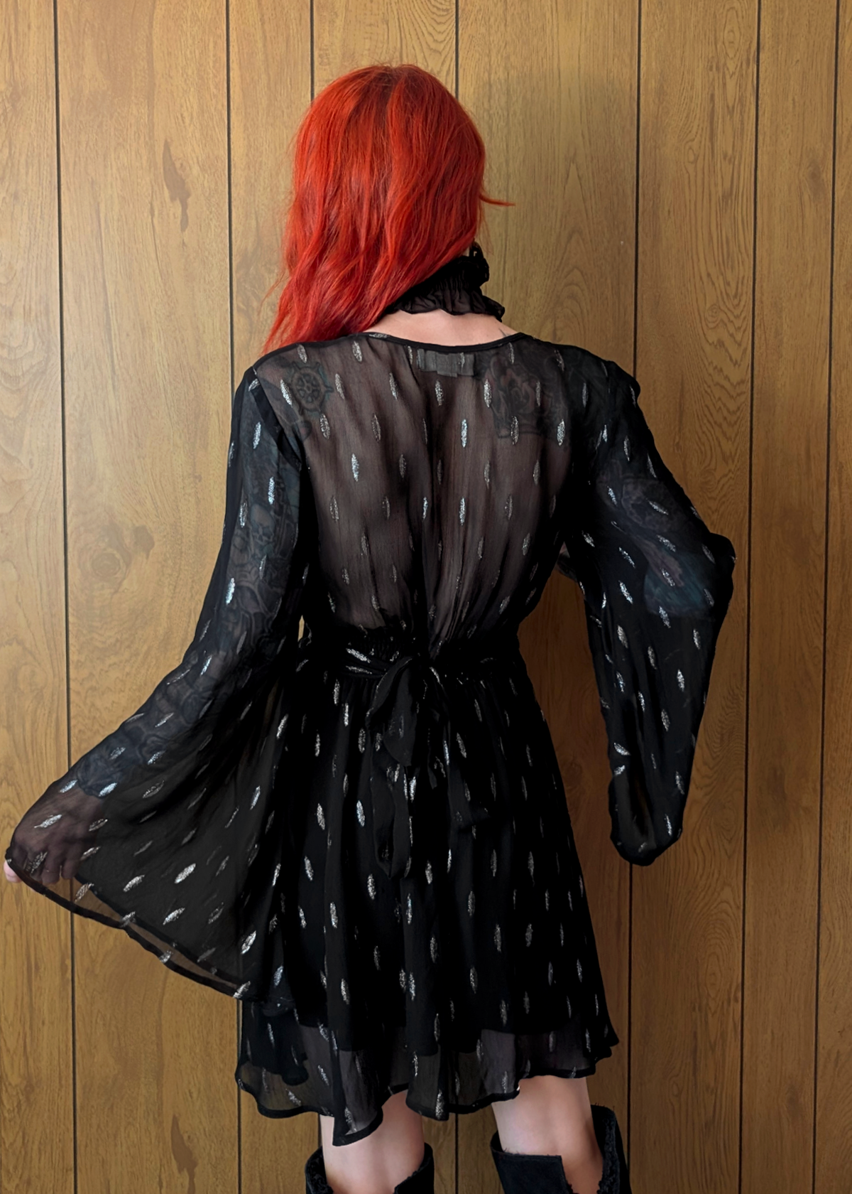 The Craft Black and Silver Lurex Bell Sleeve Mini Dress by Band of The Free XS The Craft Black and Silver Lurex Bell Sleeve Mini Dress by Band of The Free XS