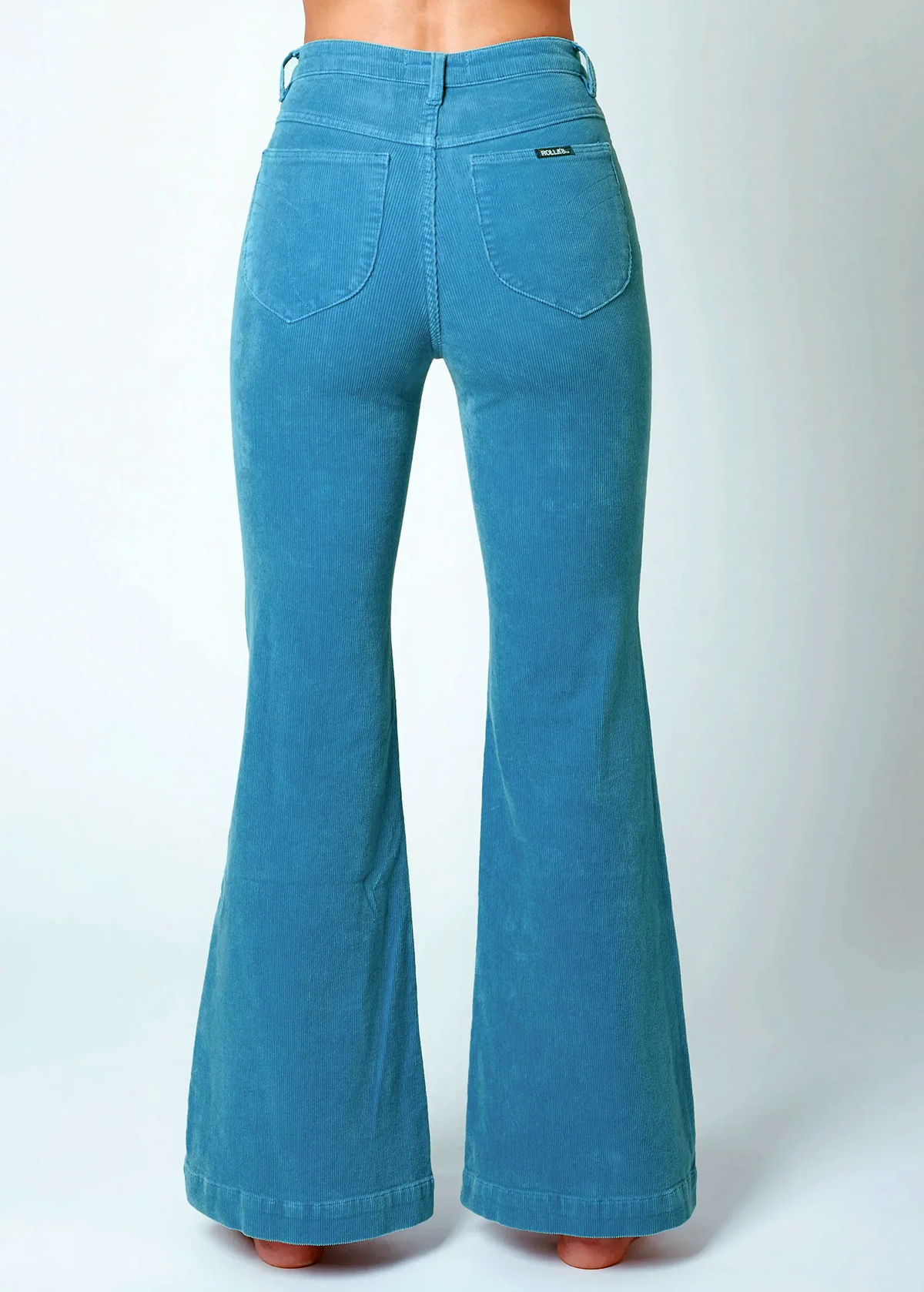 70s inspired cornflower light blue corduroy eastcoast flares with high rise waist and sailor patch front pockets, by Rolla's Jeans