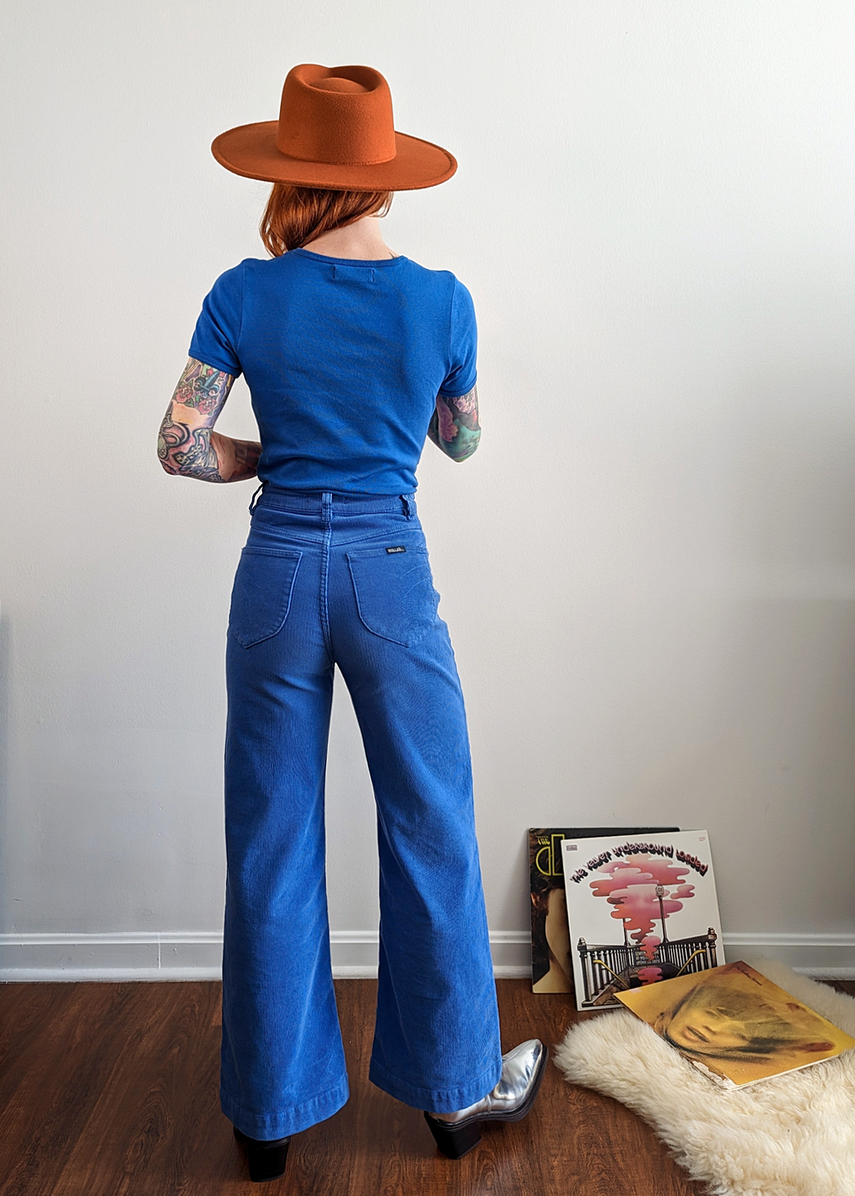 70s inspired cobalt blue corduroy sailor wide leg ankle length crop pants with high rise waist and patch front pockets by Rolla's Jeans