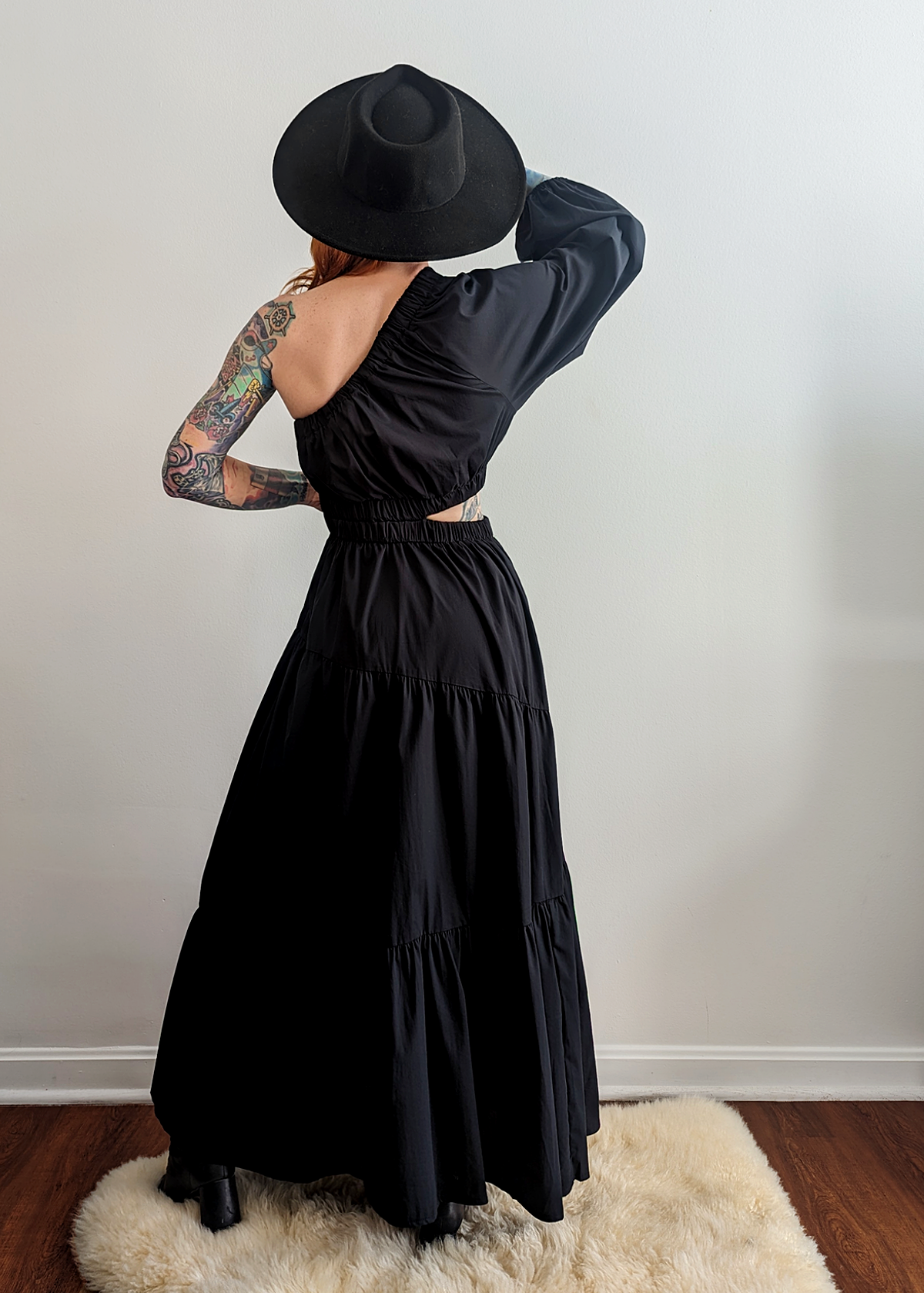 Black One-Sleeve Asymmetric Midi Maxi Dress with tiered skirt by Little Lies 