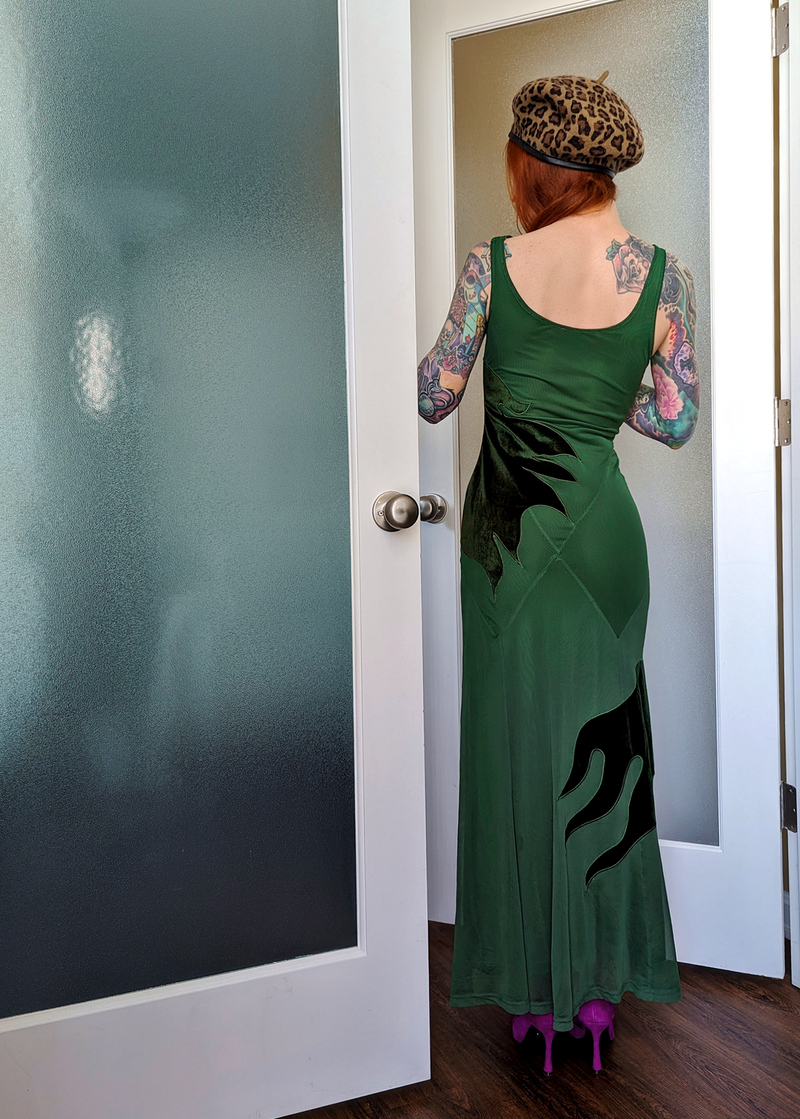 90s inspired romantic slinky stretch green mesh bias cut maxi dress with green velvet blaze accents. Off or on shoulder design. By Another Girl, ethical sustainable, and made with recycled materials