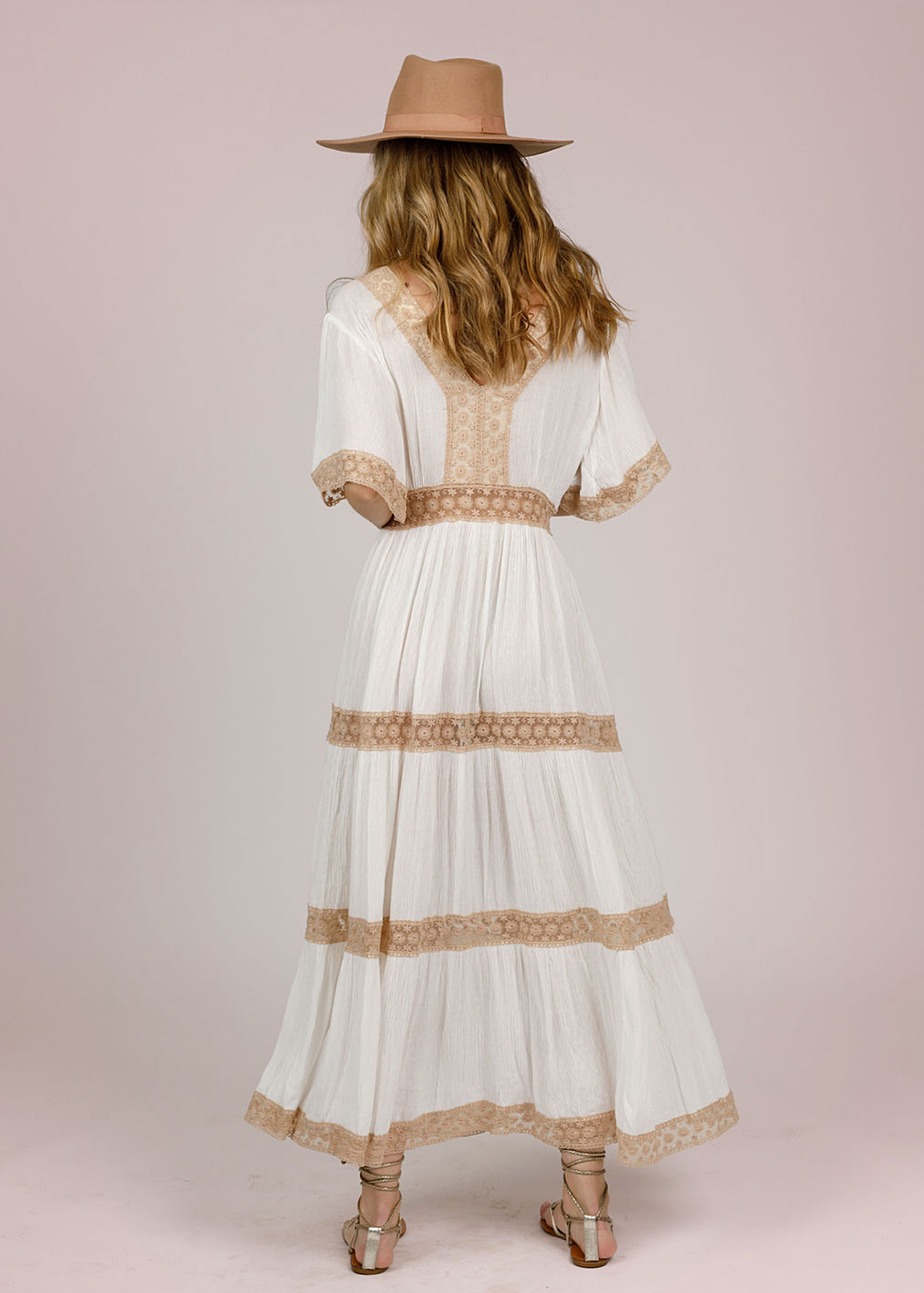 70s inspired Laurel Canyon Ivory Gauze and Lace Prairie Midi Maxi Dress by Band of the Free 