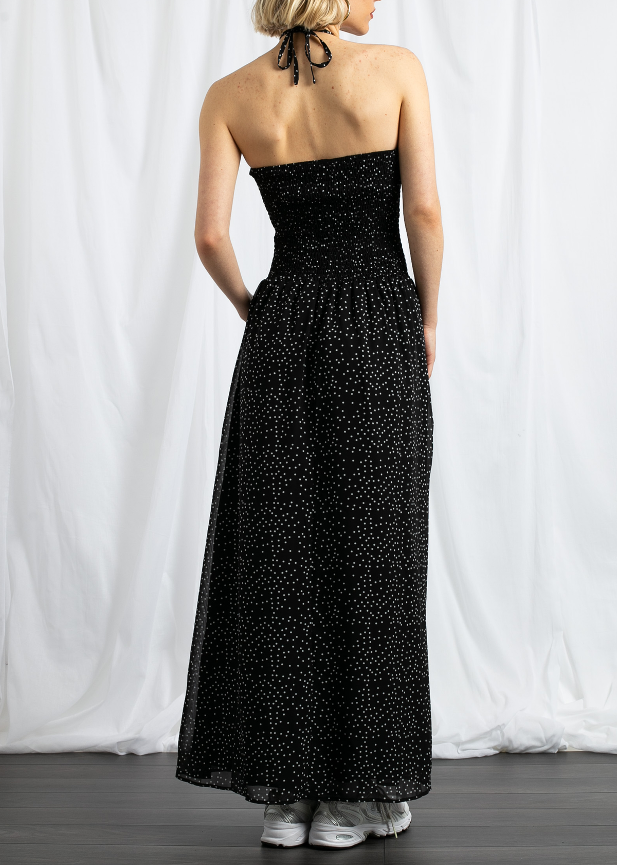 Black and White Polka Dot Shirred Halter Maxi Dress by Daisy Street S Black and White Polka Dot Shirred Halter Maxi Dress by Daisy Street S