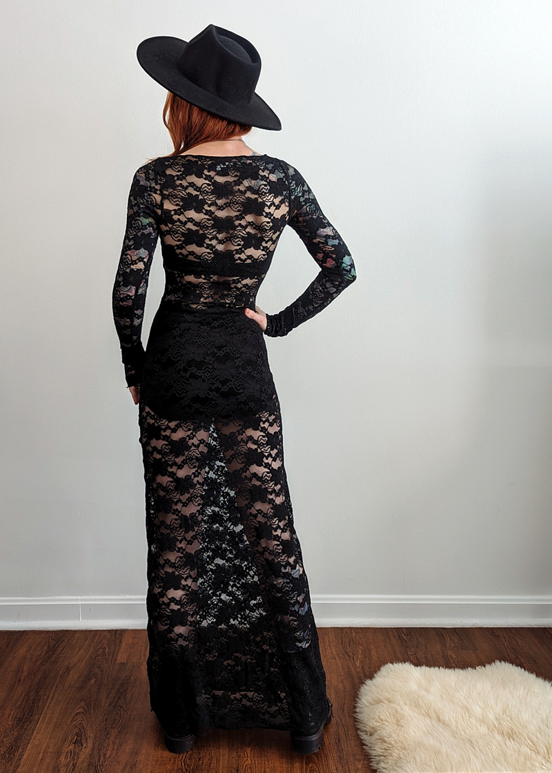 Gothic, Romantic 90s inspired black stretch floral lace long sleeve maxi dress, unlined, sheer, by Motel Rocks