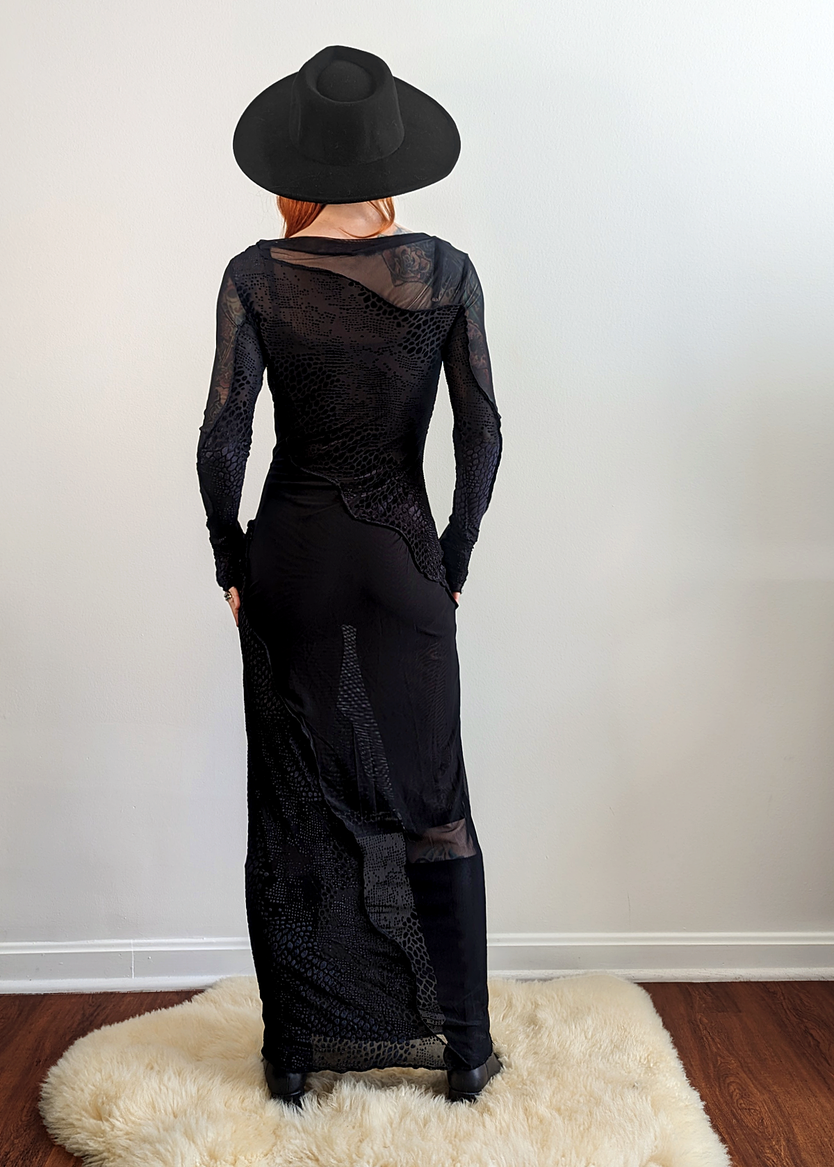 Black Gothic Slinky Stretch Mesh and Flocked Crocodile Expose Velvet Panel Long Sleeve Maxi Dress by Another Girl UK, ethically made with recycled materials