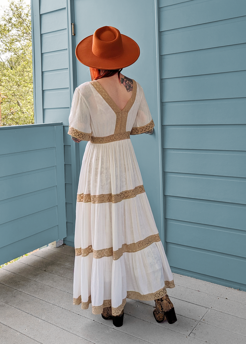 70s inspired Laurel Canyon Ivory Gauze and Lace Prairie Midi Sheer Dress by Band of the Free 