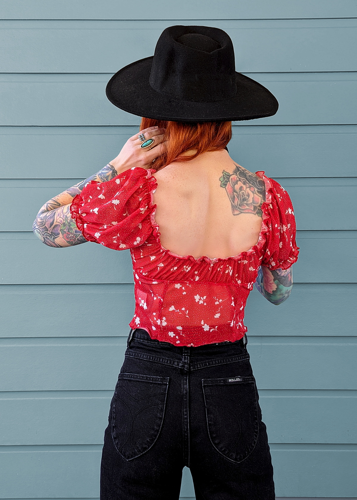 Red and White Floral Mesh Puff Sleeve Prairie Smocked Crop Top by Glamorous UK