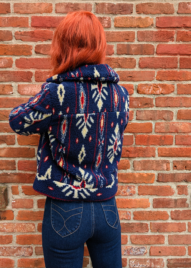 back view of BOG Collective Navy and Garnet Southwest Sherpa Jacket with collar, zipper front, and snaps at cuffs