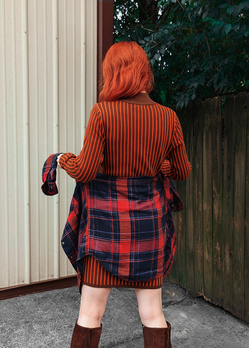 70s meets 90s with this Organic Cotton Knit Mock Neck Zip Front Mini Dress in Orange and Brown Stripe by Another Girl