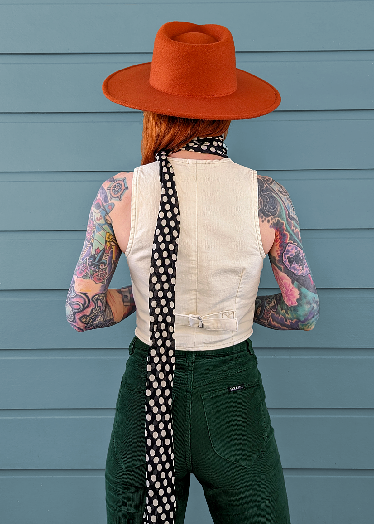 70s 80s inspired Rolla's Jeans Denim Dallas Vest in Buttercream Ivory. V-neckline, button front, and adjustable buckle at back.