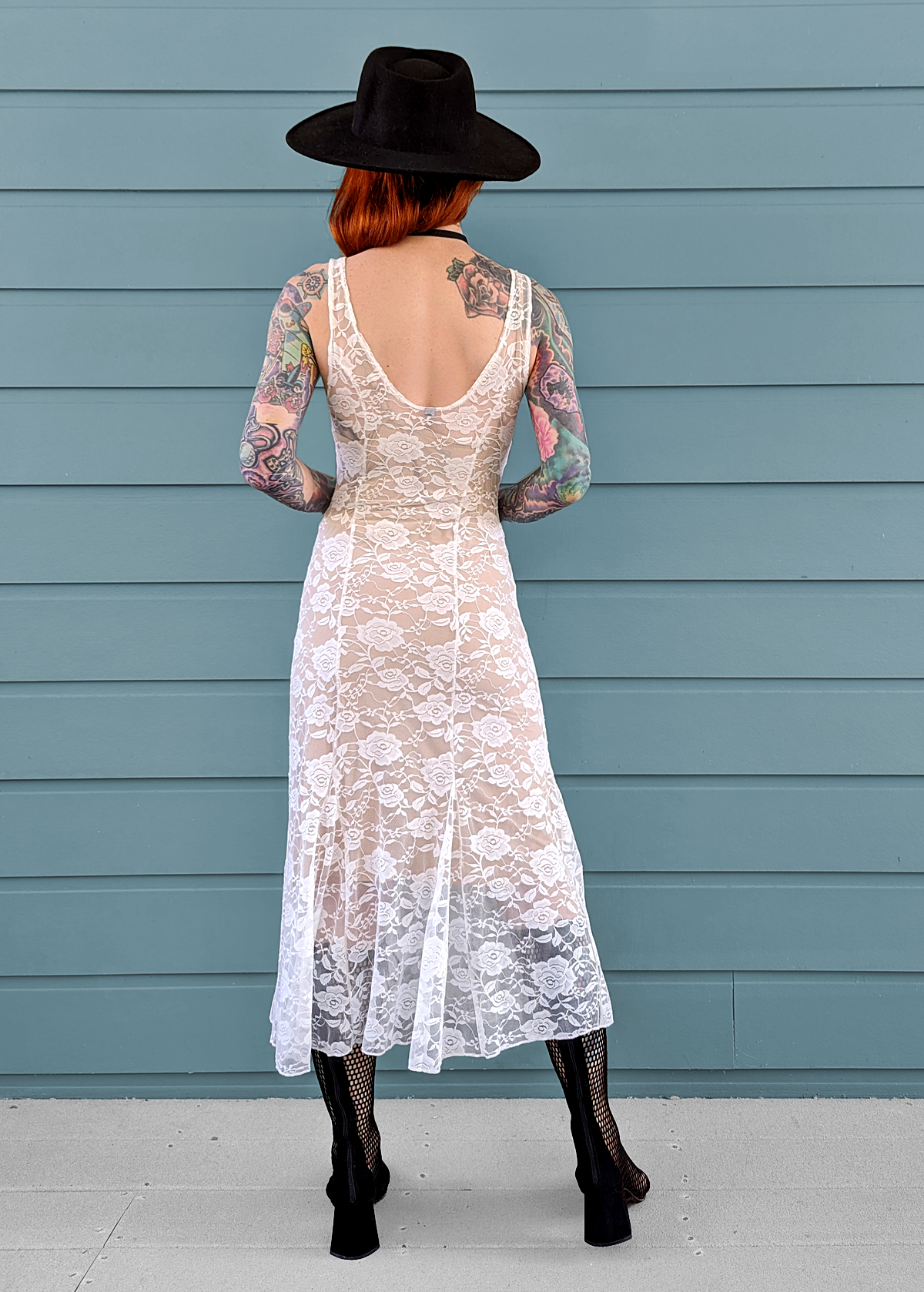 90s inspired sheer unlined white lace floral midi dress with sleeveless design and deep-v neckline by Motel Rocks