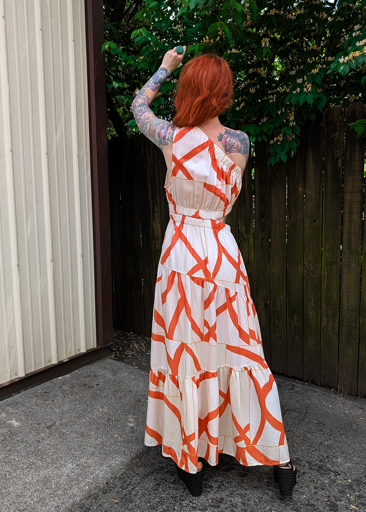 Yasmin One Shoulder Midi-Maxi Dress in Biege/Abstract Orange by Little Lies S Yasmin One Shoulder Midi-Maxi Dress in Biege/Abstract Orange by Little Lies S