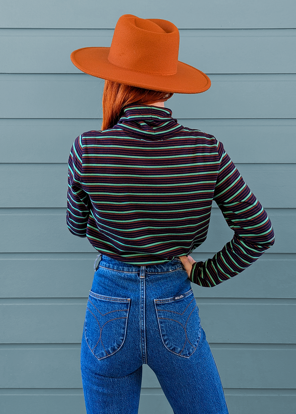 70s inspired slouchy fit long sleeve cotton turtleneck tee with brown, navy, and teal stripes, by Nice Things by Paloma S