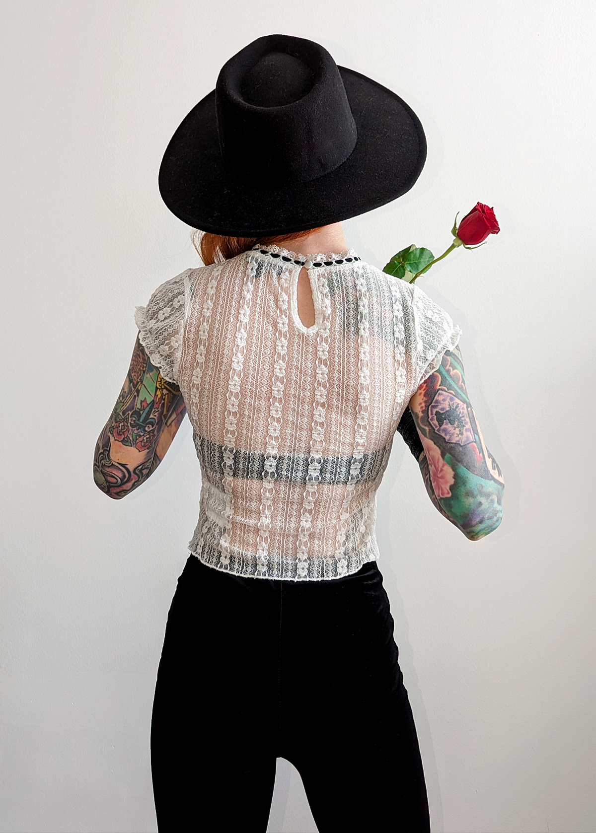 Romantic 90s inspired unlined sheer white lace cap sleeve top with velvet bow detail, by Motel Rocks