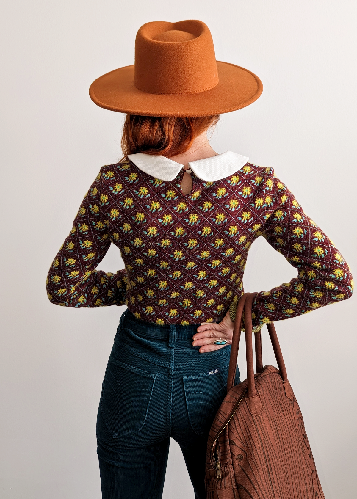 60s inspired Dolly Peter Pan Collar Burgundy Floral Knit Long Sleeve Crop Top by Glamorous UK