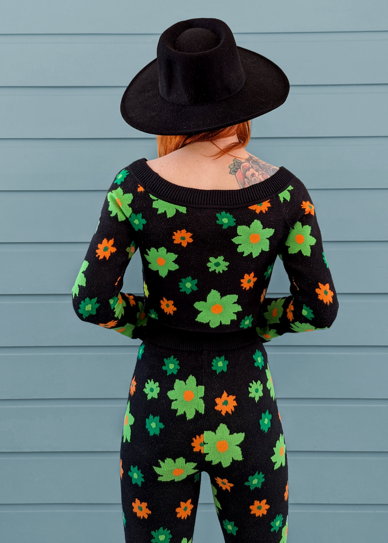 Midnight Garden Bell Sleeve Knit Crop Top