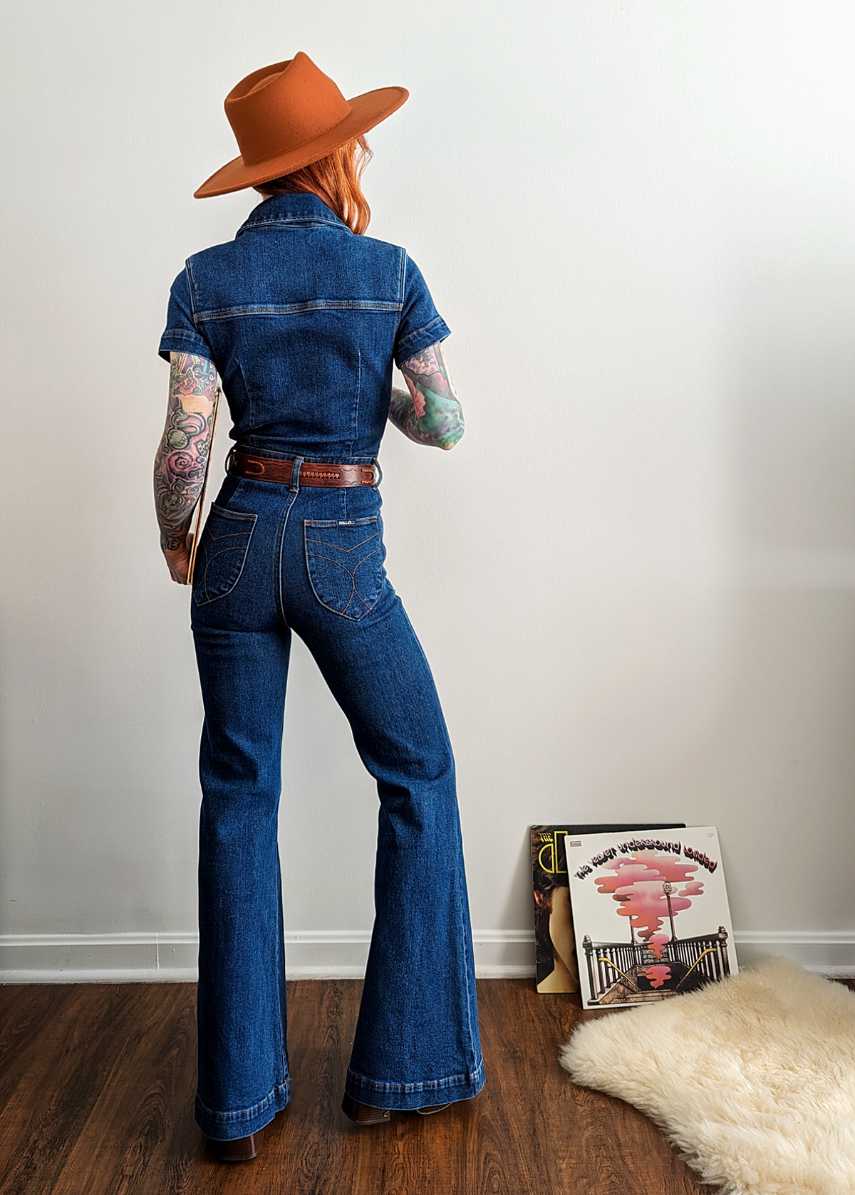 70s inspired stretch blue denim Eastcoast Flare Jumpsuit with collar and button front by Rolla's Jeans