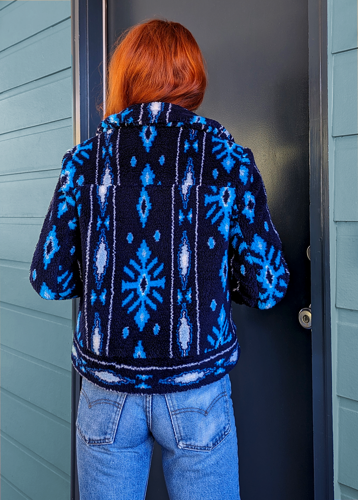 70s inspired navy blue faux sherpa shearling collared zip front Southwest Pattern jacket by Band of the Free