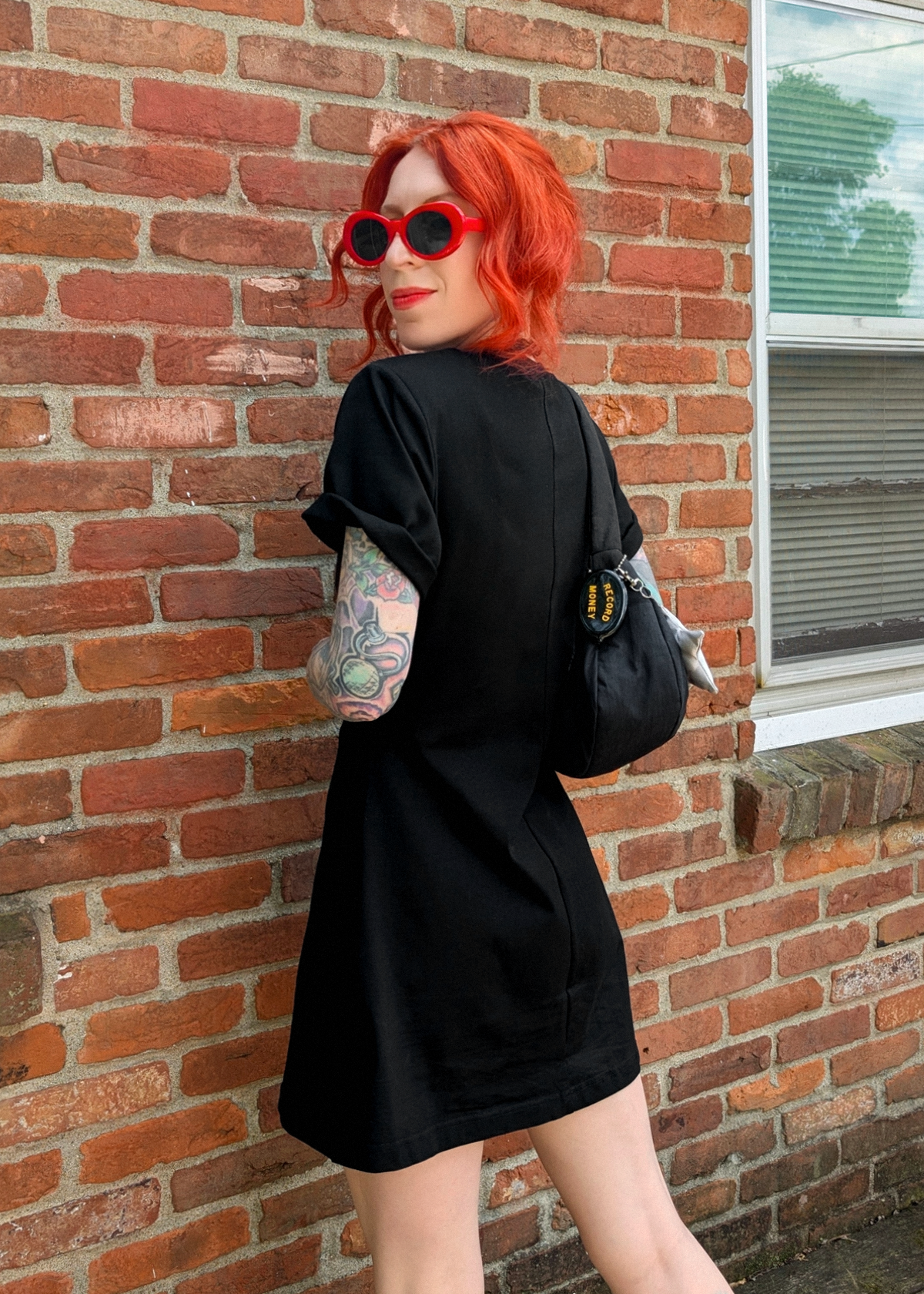 Black Cotton T-Shirt Mini Dress with Shoulder Pads