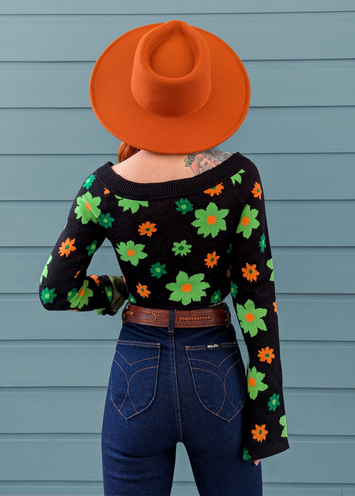 Midnight Garden Bell Sleeve Knit Crop Top